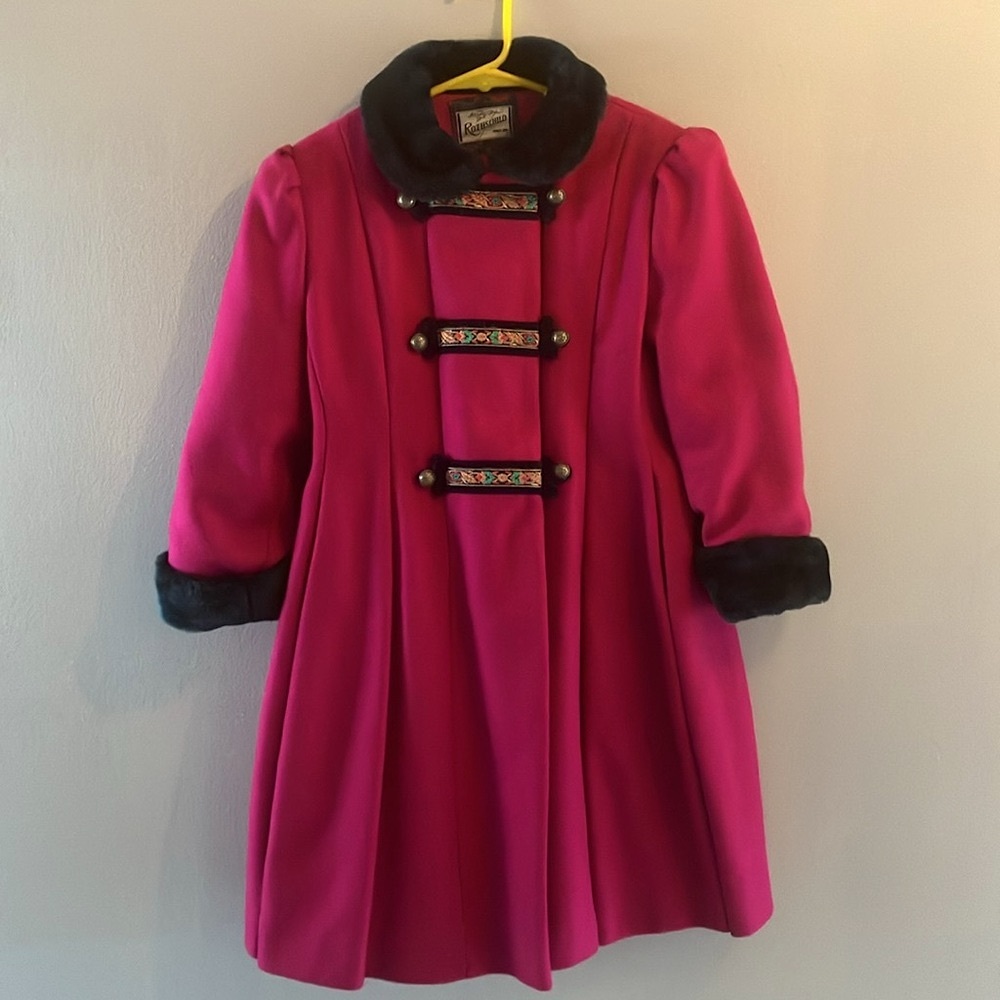 Vintage Rothschild Fuchsia Wool Princess Coat w/ Black Faux Fur Trim, size 6